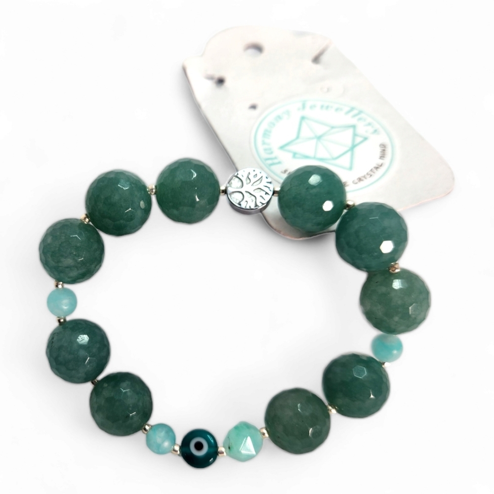 12 mm Faceted Green Agate, Tree of Life, Evil eye charm bracelet